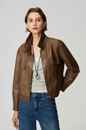 Cropped Faux Leather Shirt Jacket in Brown