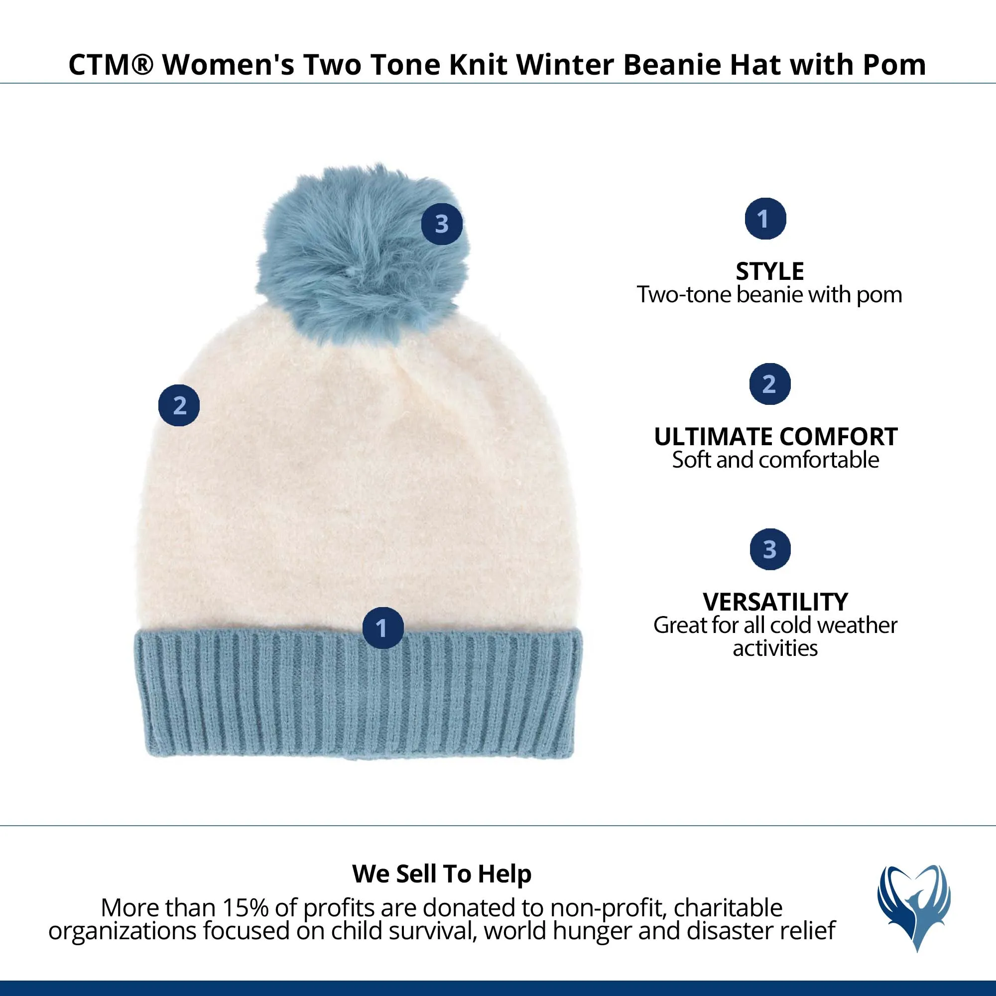 CTM® Women's Two Tone Knit Winter Beanie Hat with Pom