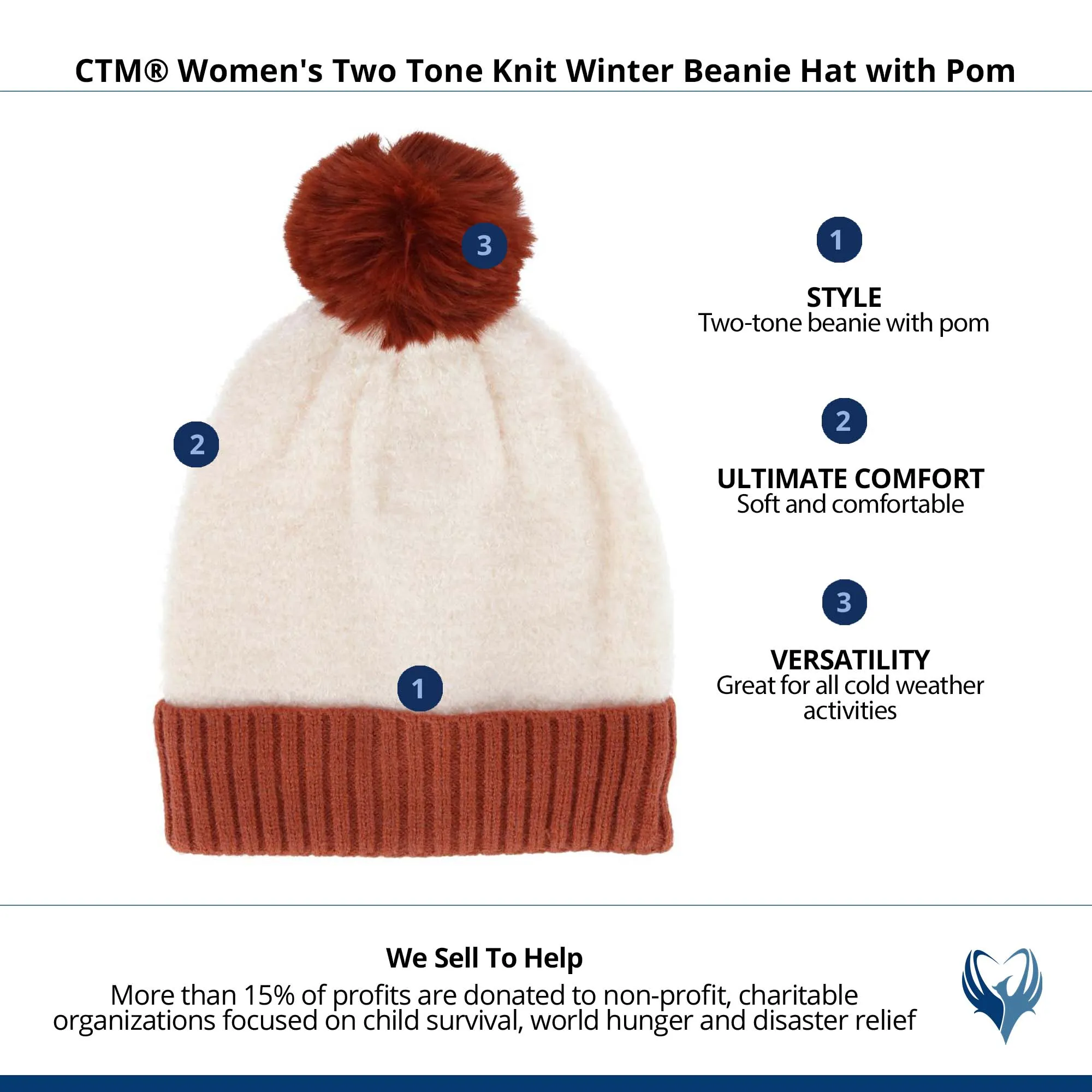 CTM® Women's Two Tone Knit Winter Beanie Hat with Pom