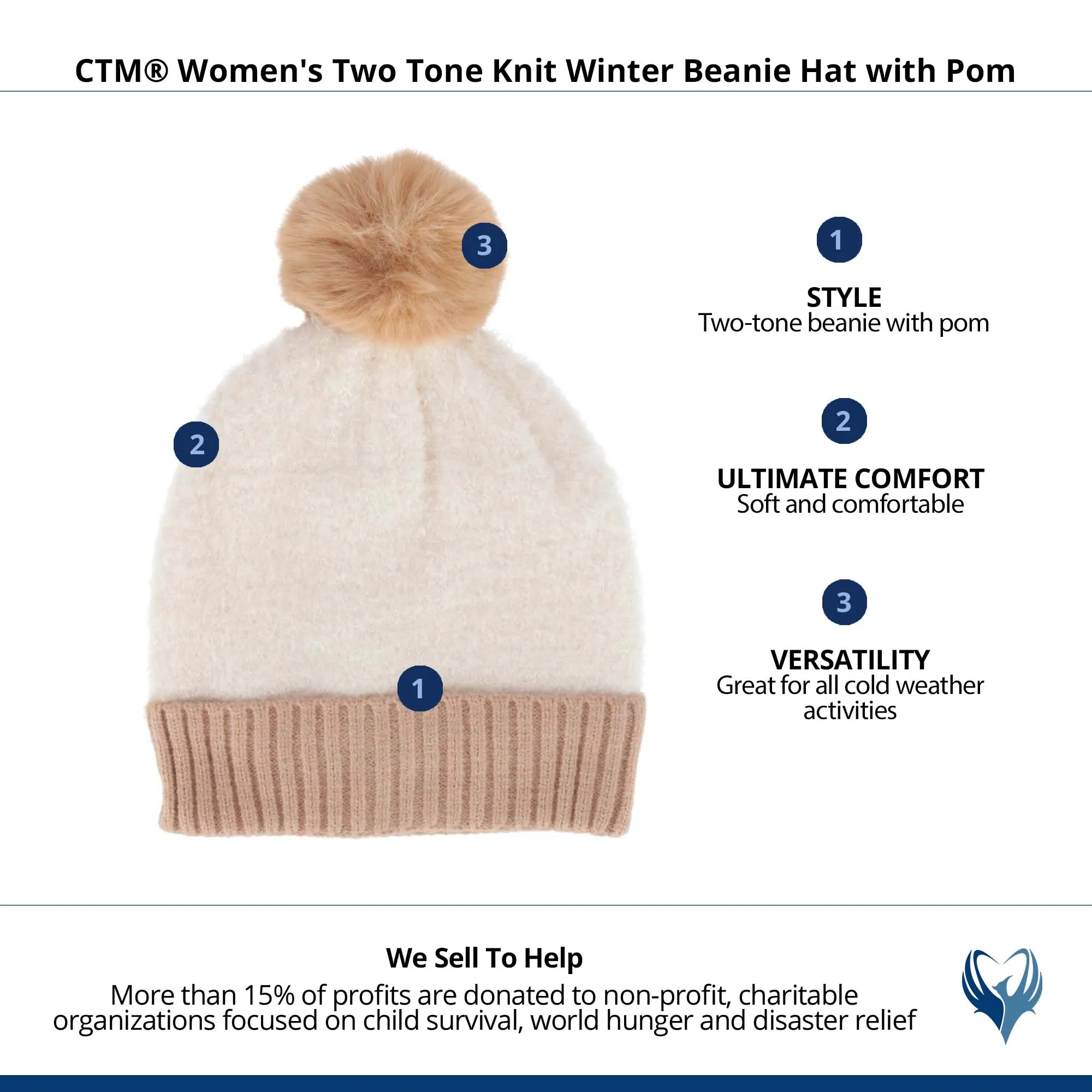CTM® Women's Two Tone Knit Winter Beanie Hat with Pom