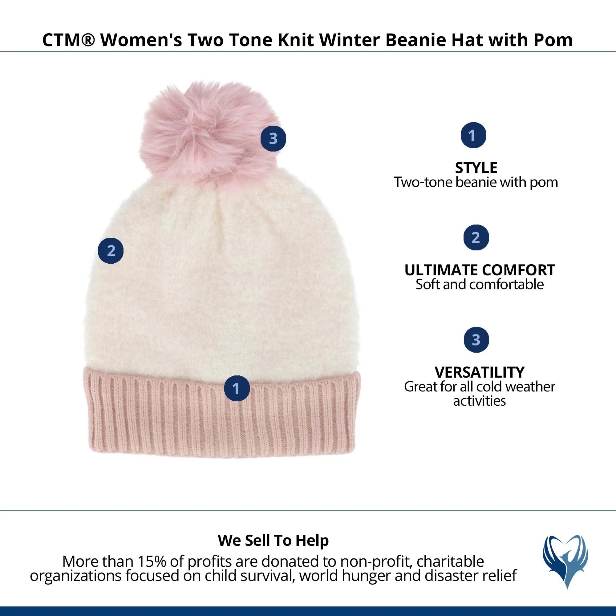 CTM® Women's Two Tone Knit Winter Beanie Hat with Pom