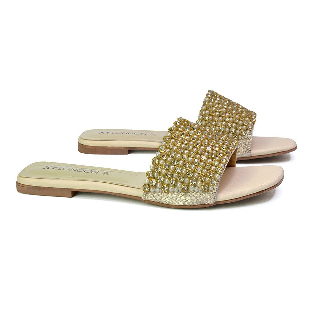 Daisy-Jones Slip On Slider Diamante Flat Sandals With Square Toe in Nude