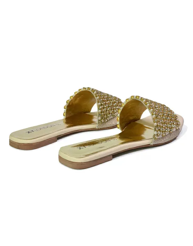 Daisy-Jones Slip On Slider Diamante Flat Sandals With Square Toe in Nude