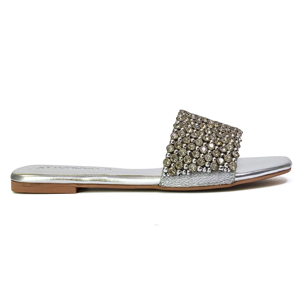 Daisy-Jones Slip On Slider Diamante Flat Sandals With Square Toe in Nude