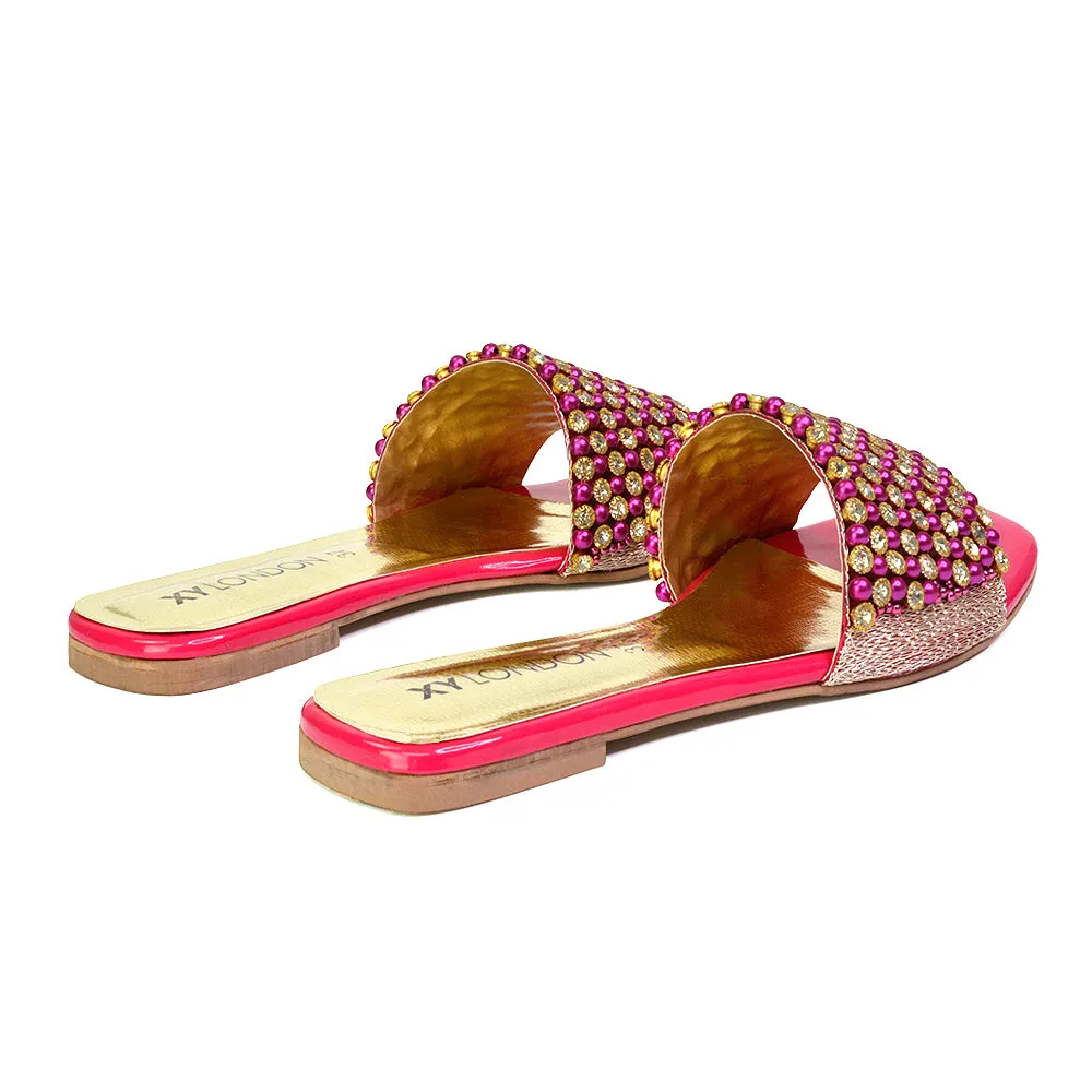 Daisy-Jones Slip On Slider Diamante Flat Sandals With Square Toe in Nude