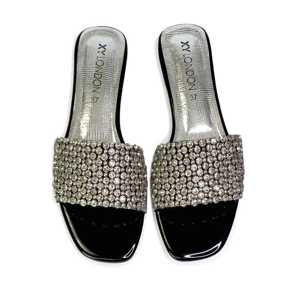 Daisy-Jones Slip On Slider Diamante Flat Sandals With Square Toe in Nude