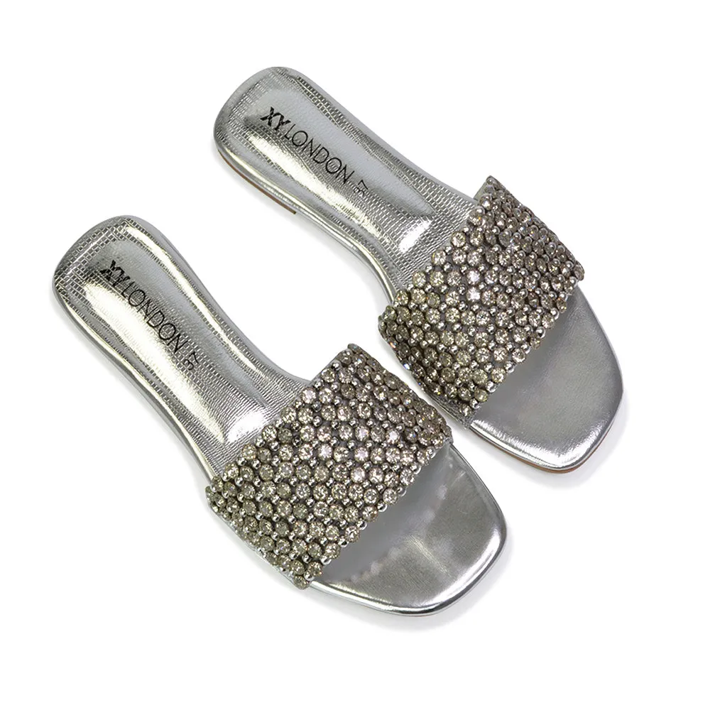 Daisy-Jones Slip On Slider Diamante Flat Sandals With Square Toe in Nude