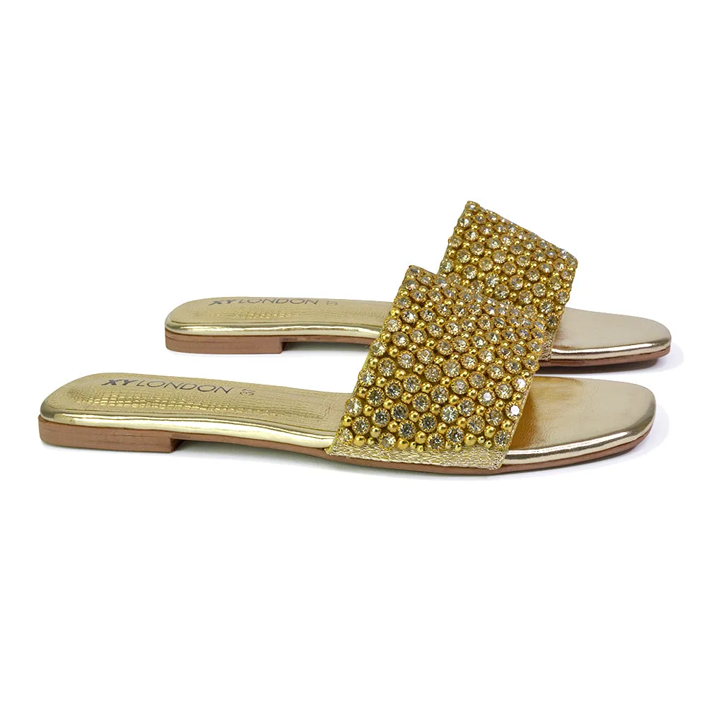 Daisy-Jones Slip On Slider Diamante Flat Sandals With Square Toe in Nude
