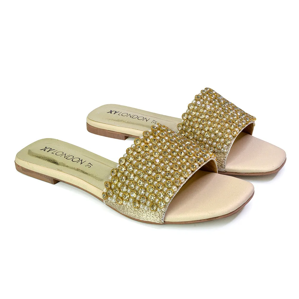 Daisy-Jones Slip On Slider Diamante Flat Sandals With Square Toe in Nude