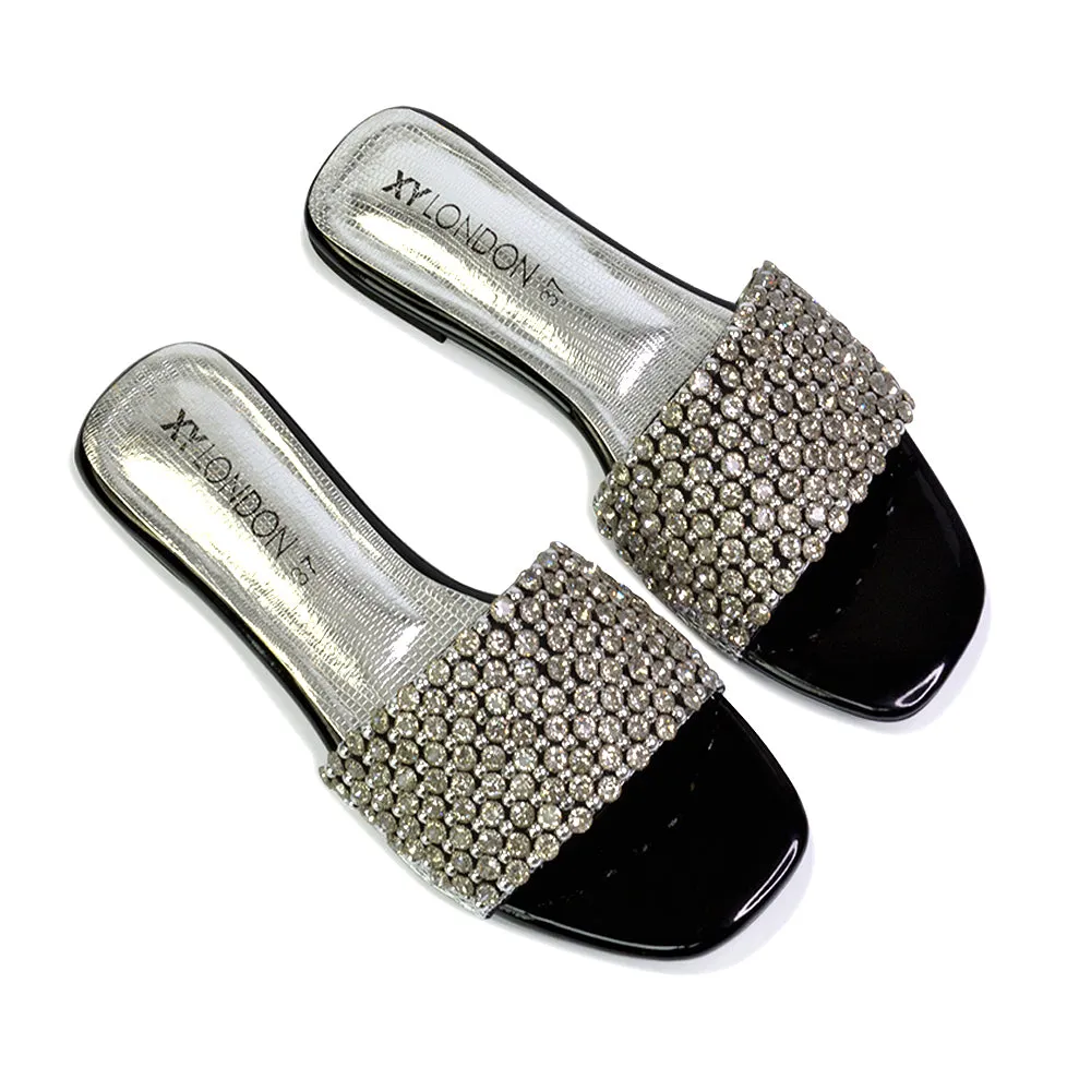Daisy-Jones Slip On Slider Diamante Flat Sandals With Square Toe in Nude