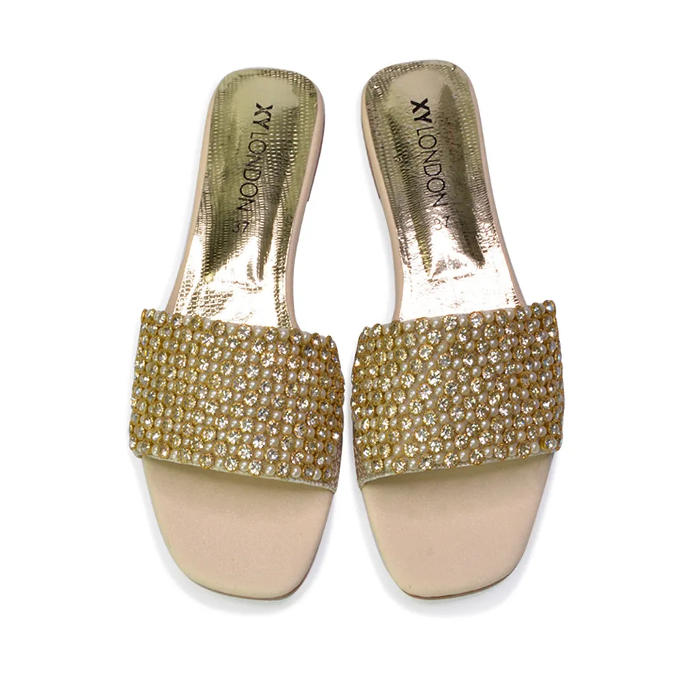 Daisy-Jones Slip On Slider Diamante Flat Sandals With Square Toe in Nude