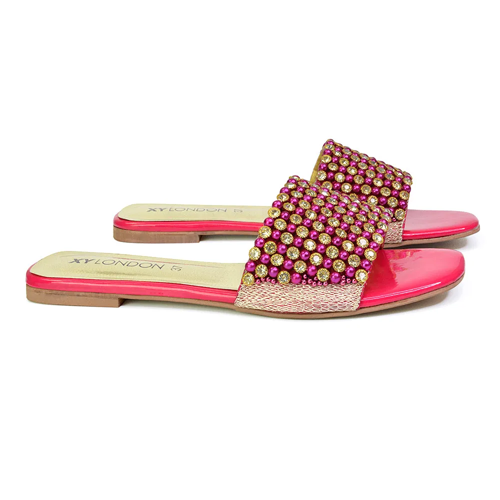 Daisy-Jones Slip On Slider Diamante Flat Sandals With Square Toe in Nude