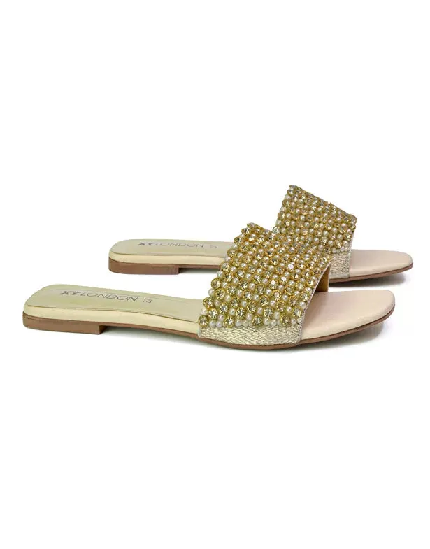 Daisy-Jones Slip On Slider Diamante Flat Sandals With Square Toe in Nude