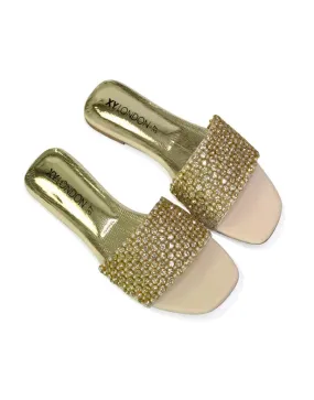 Daisy-Jones Slip On Slider Diamante Flat Sandals With Square Toe in Nude