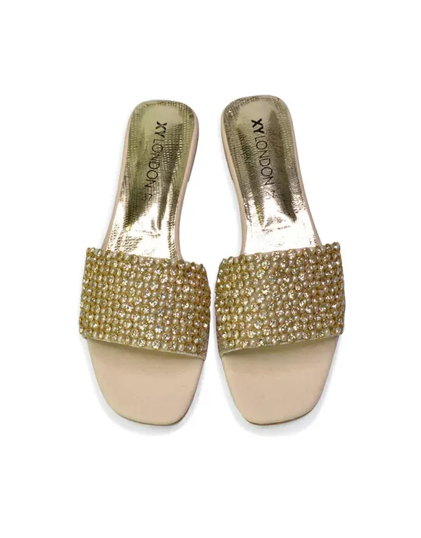 Daisy-Jones Slip On Slider Diamante Flat Sandals With Square Toe in Nude