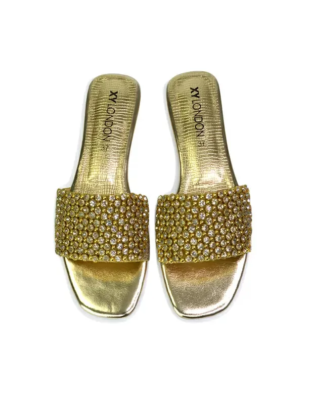 Daisy-Jones Slip On Slider Diamante Flat Sandals With Square Toe in Nude