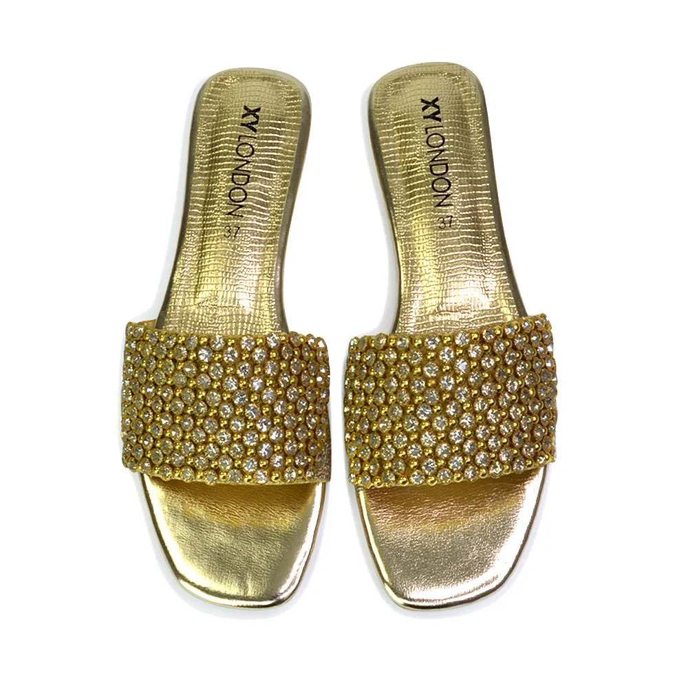 Daisy-Jones Slip On Slider Diamante Flat Sandals With Square Toe in Nude