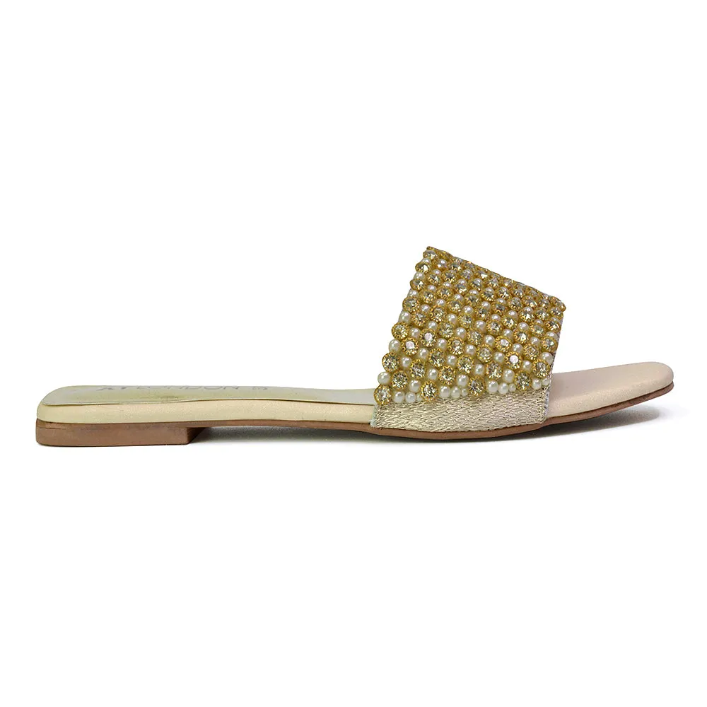 Daisy-Jones Slip On Slider Diamante Flat Sandals With Square Toe in Nude