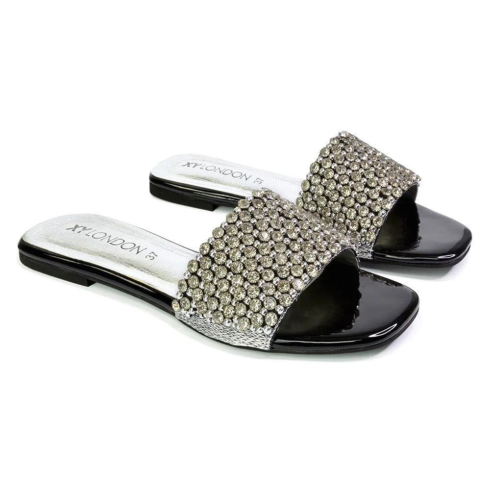 Daisy-Jones Slip On Slider Diamante Flat Sandals With Square Toe in Nude