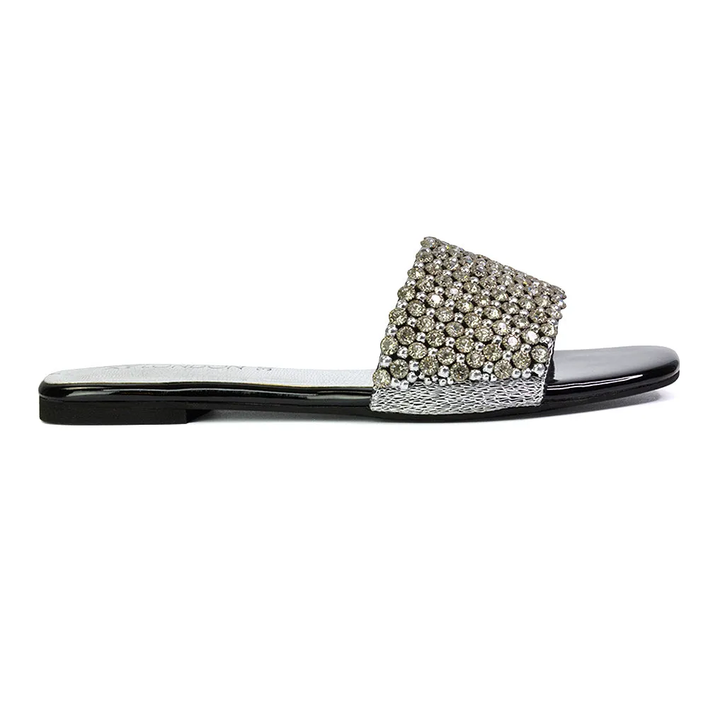 Daisy-Jones Slip On Slider Diamante Flat Sandals With Square Toe in Nude