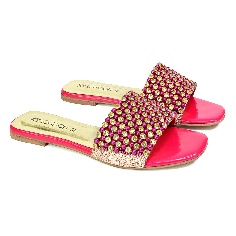 Daisy-Jones Slip On Slider Diamante Flat Sandals With Square Toe in Nude