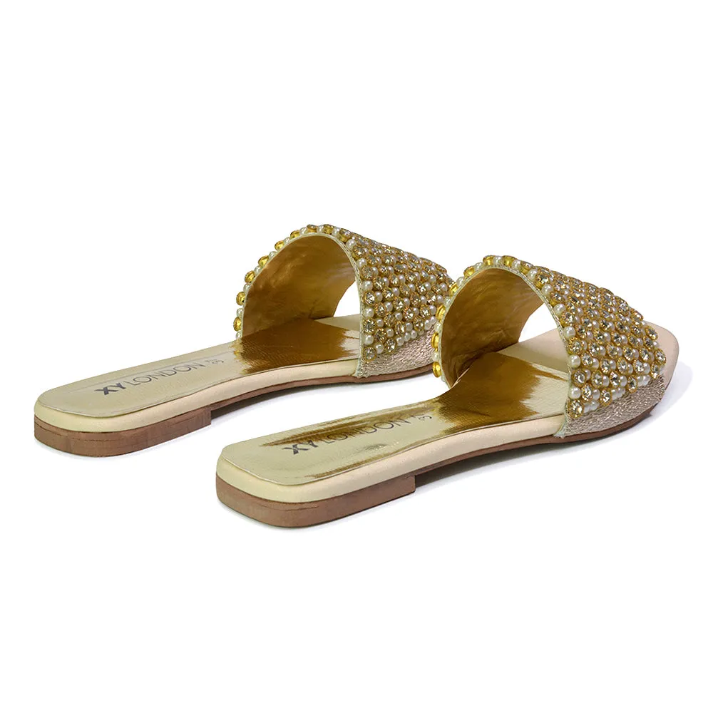 Daisy-Jones Slip On Slider Diamante Flat Sandals With Square Toe in Nude