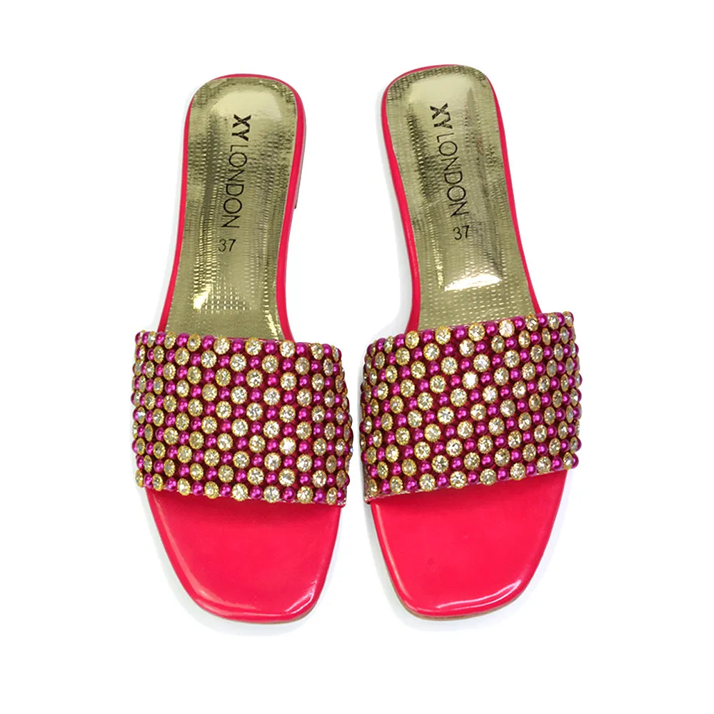 Daisy-Jones Slip On Slider Diamante Flat Sandals With Square Toe in Nude