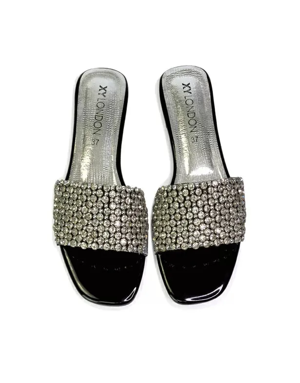 Daisy-Jones Slip On Slider Diamante Flat Sandals With Square Toe in Nude