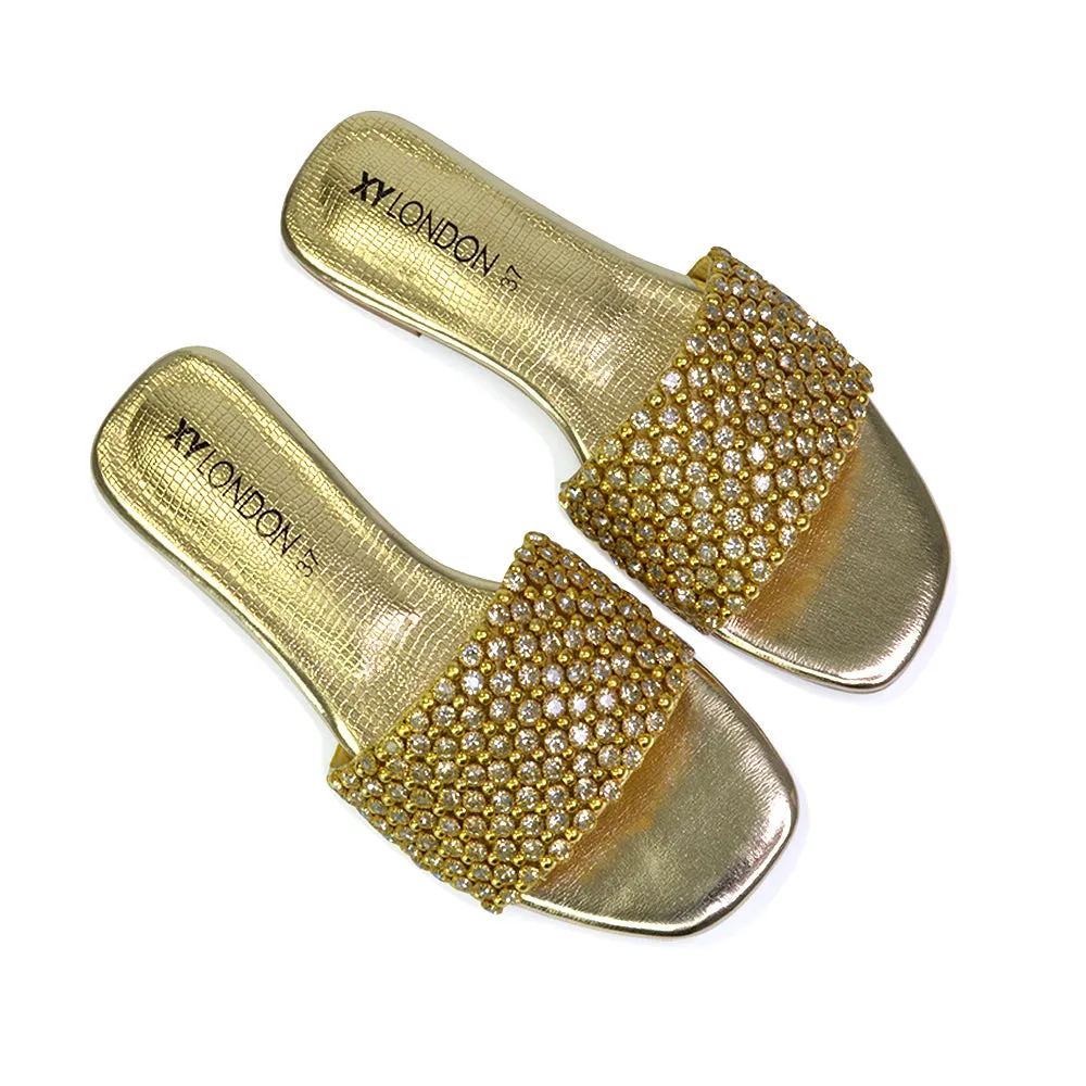 Daisy-Jones Slip On Slider Diamante Flat Sandals With Square Toe in Nude