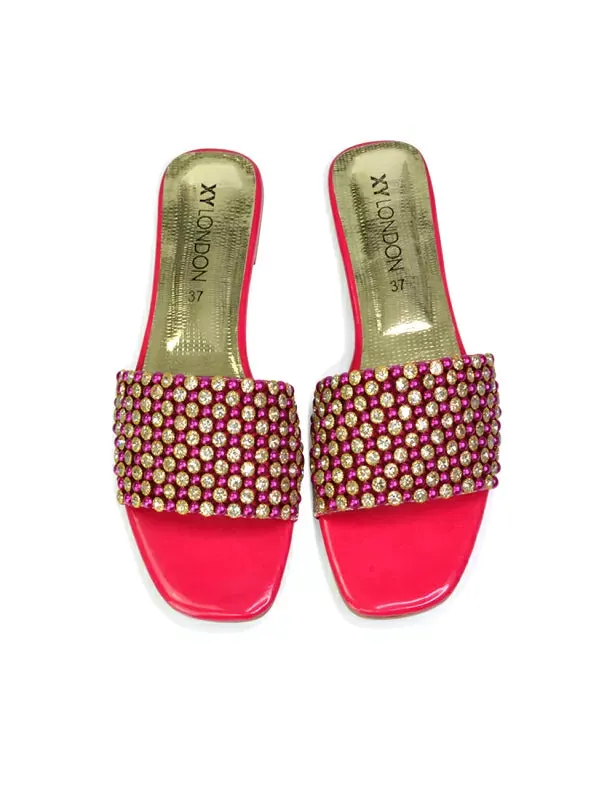 Daisy-Jones Slip On Slider Diamante Flat Sandals With Square Toe in Nude