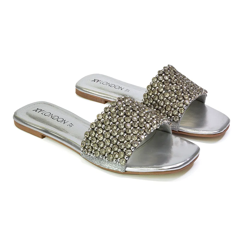 Daisy-Jones Slip On Slider Diamante Flat Sandals With Square Toe in Nude