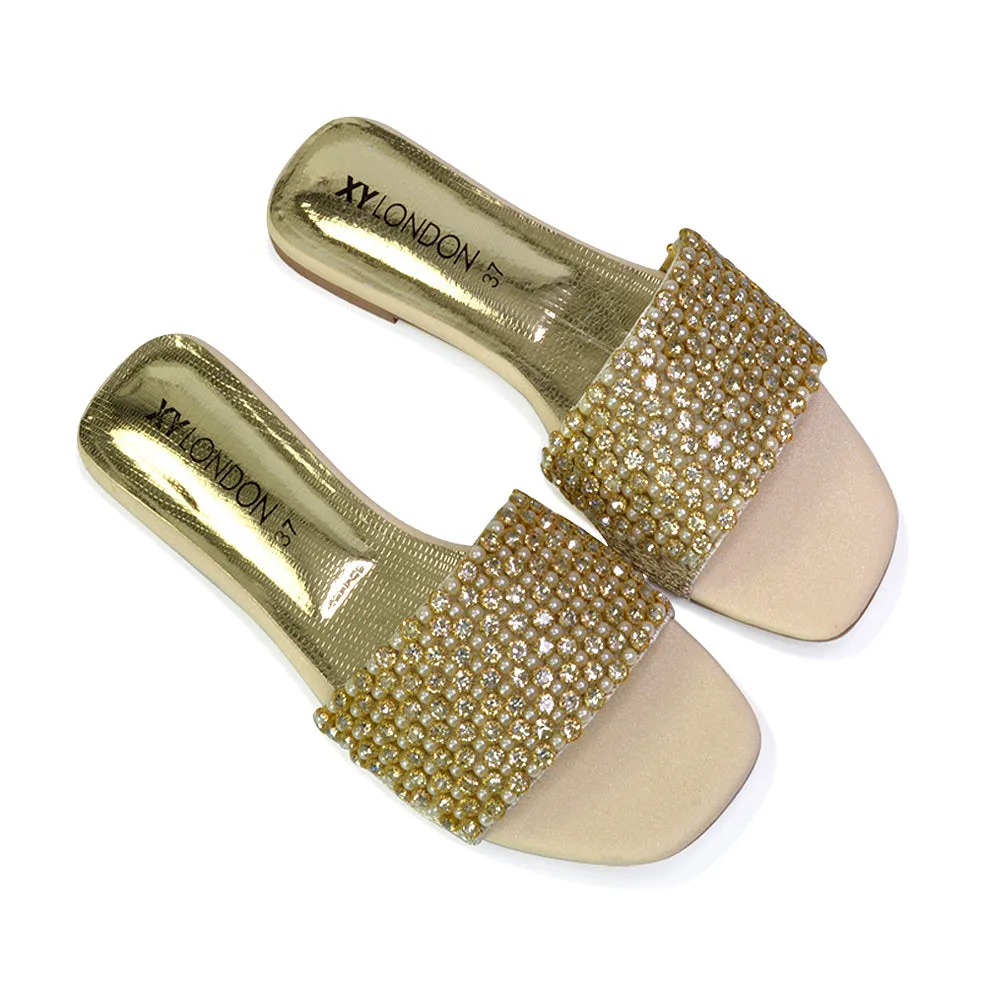 Daisy-Jones Slip On Slider Diamante Flat Sandals With Square Toe in Nude