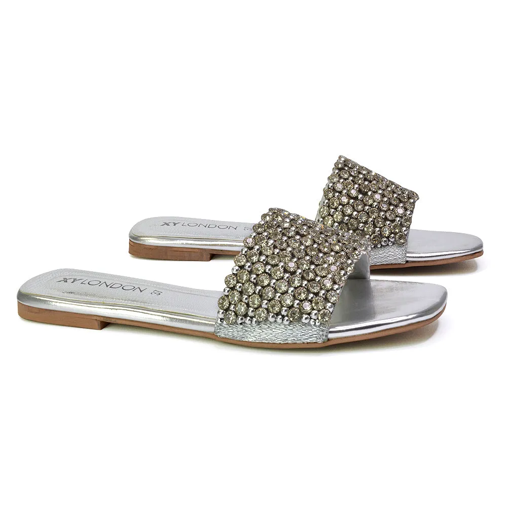 Daisy-Jones Slip On Slider Diamante Flat Sandals With Square Toe in Nude