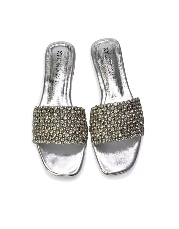 Daisy-Jones Slip On Slider Diamante Flat Sandals With Square Toe in Nude