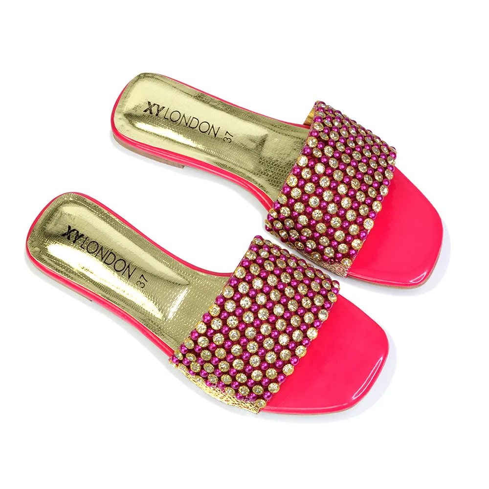 Daisy-Jones Slip On Slider Diamante Flat Sandals With Square Toe in Nude