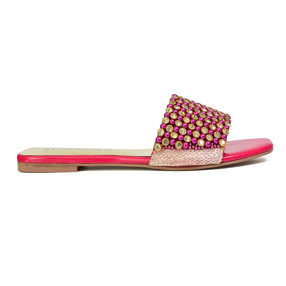 Daisy-Jones Slip On Slider Diamante Flat Sandals With Square Toe in Nude