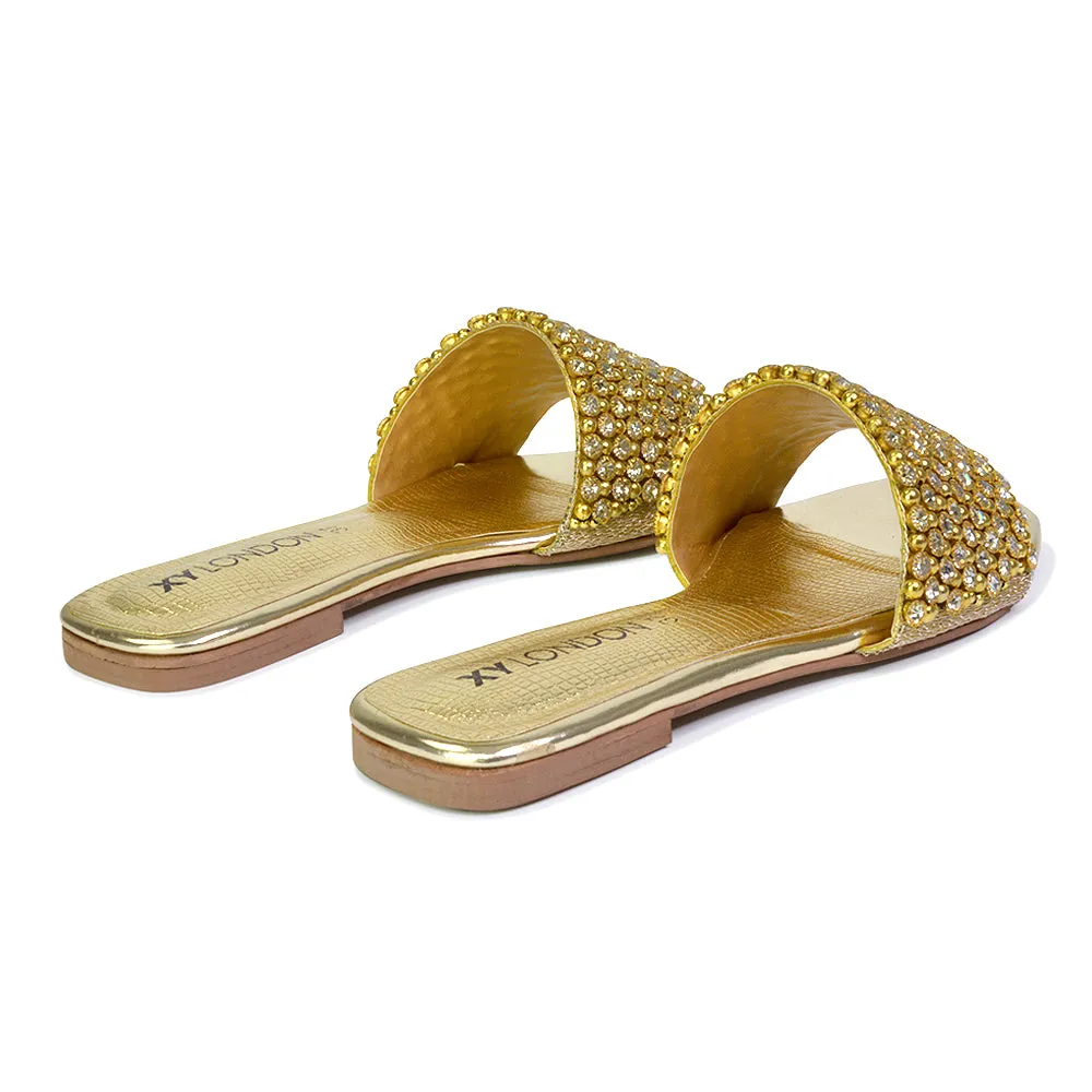 Daisy-Jones Slip On Slider Diamante Flat Sandals With Square Toe in Nude