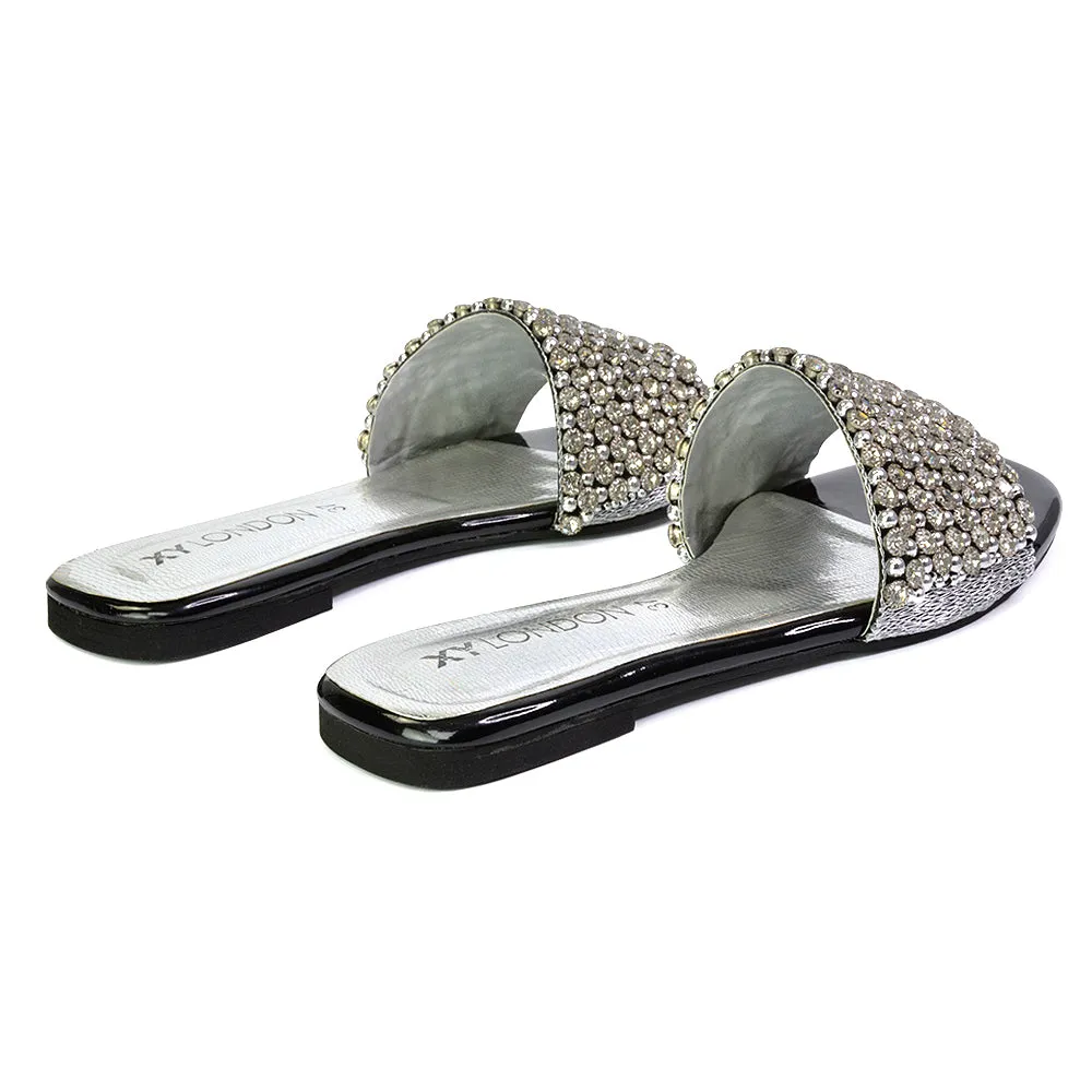 Daisy-Jones Slip On Slider Diamante Flat Sandals With Square Toe in Nude