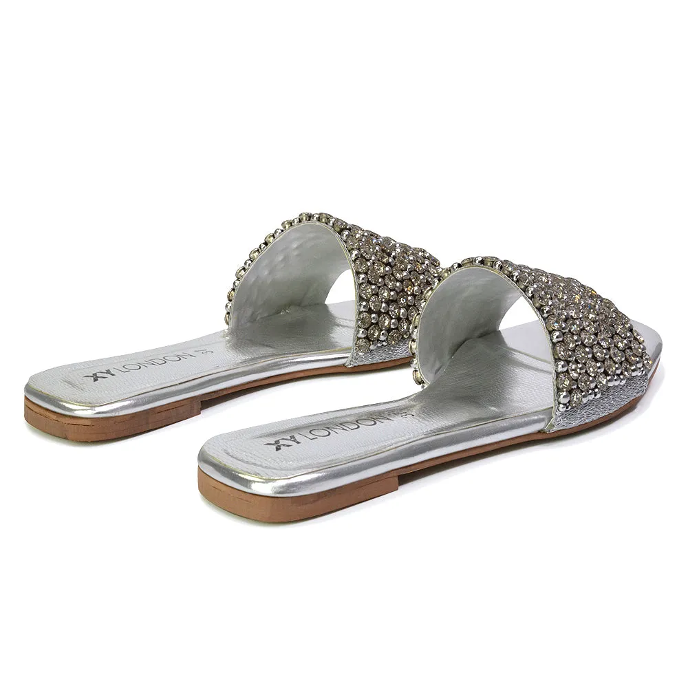 Daisy-Jones Slip On Slider Diamante Flat Sandals With Square Toe in Nude