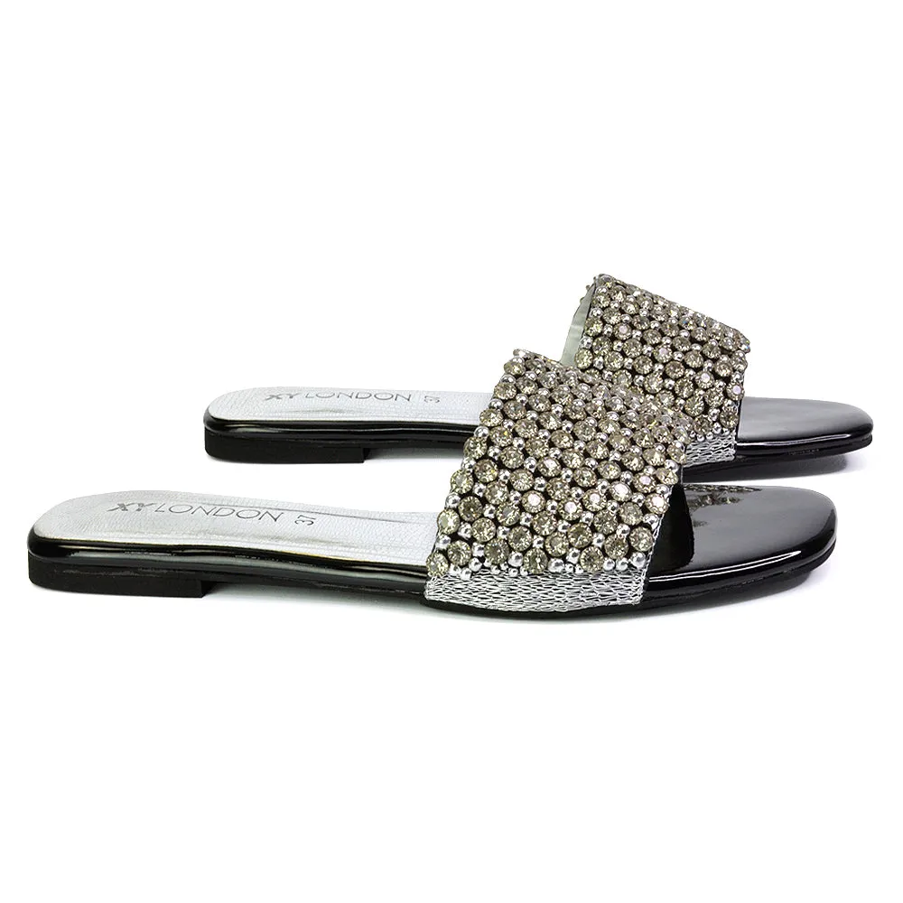 Daisy-Jones Slip On Slider Diamante Flat Sandals With Square Toe in Nude