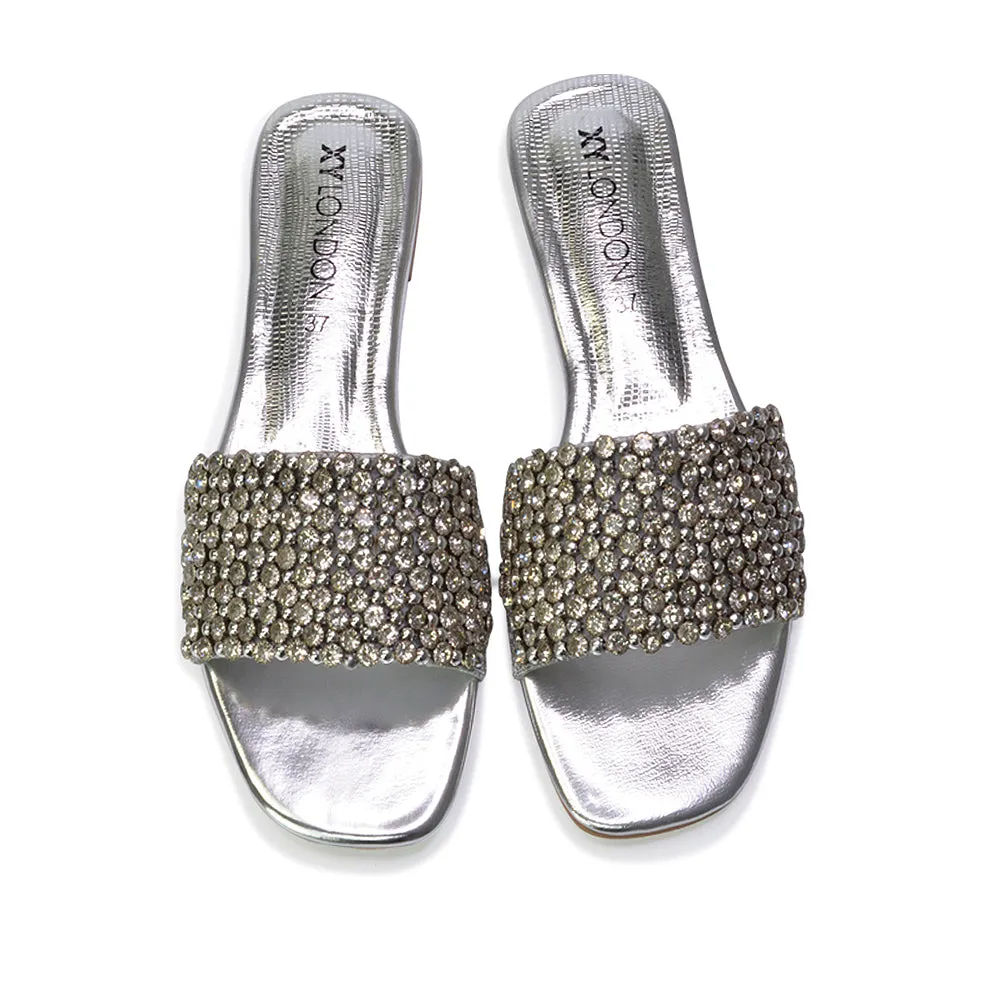 Daisy-Jones Slip On Slider Diamante Flat Sandals With Square Toe in Nude