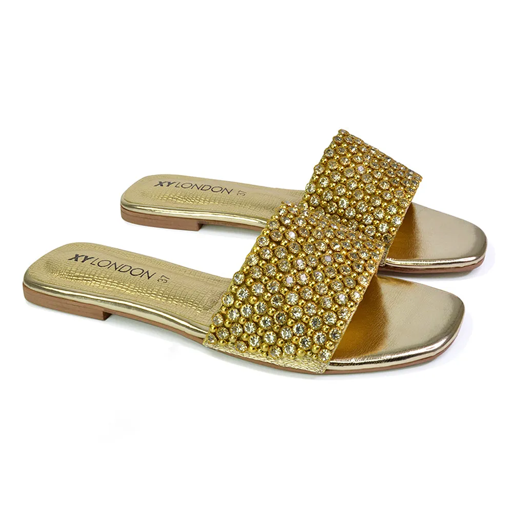 Daisy-Jones Slip On Slider Diamante Flat Sandals With Square Toe in Nude