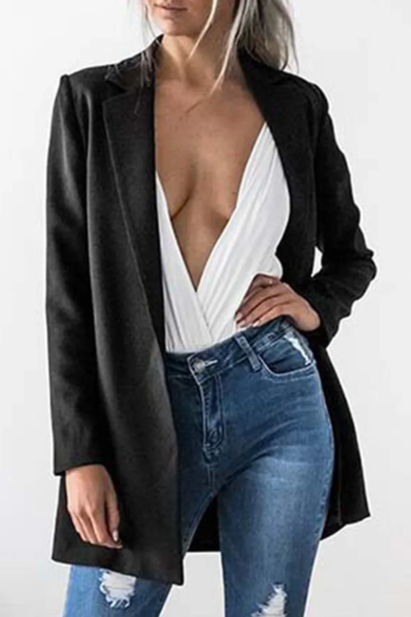Dunnmall Casual Solid Split Joint Turn-back Collar Outerwear