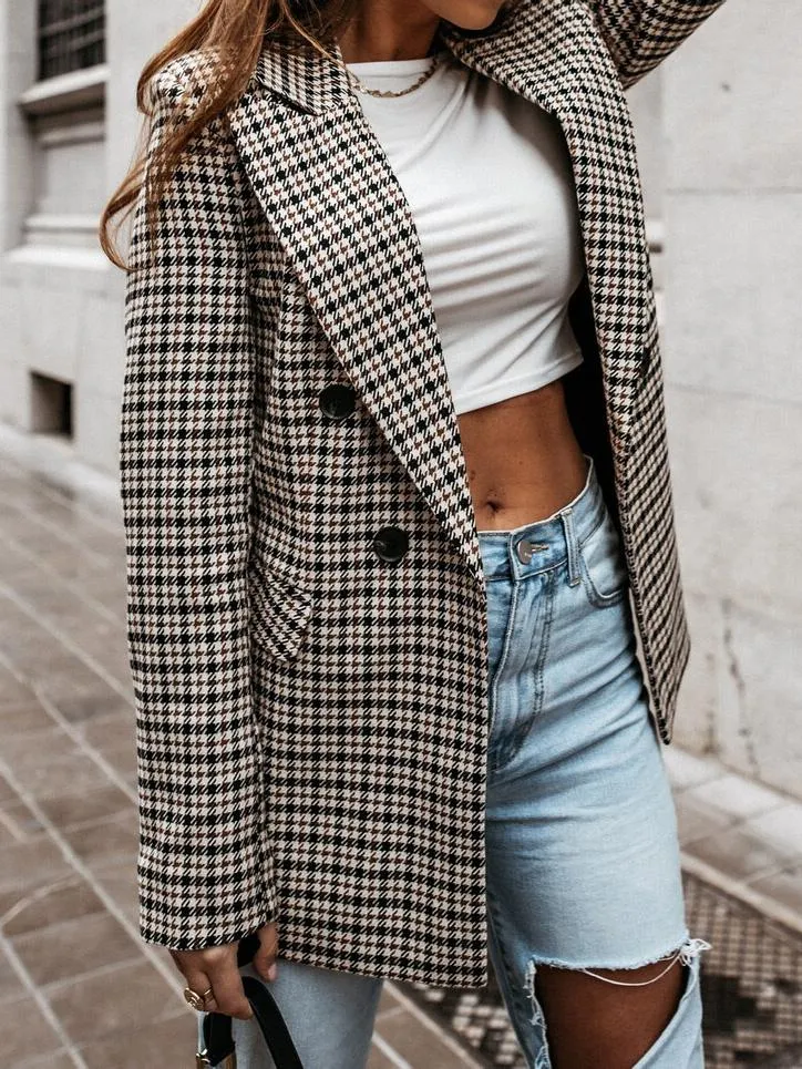 Dunnmall Women's Blazers Plaid Print Lapel Small Blazer