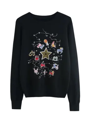 Embroidered Star Women's Sweater Autumn Winter O-neck Japanese Fashion Pullover Slim Knitted Long-sleeved Tops C-073