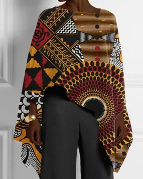 Ethnic Style Patchwork Print Irregular Cape Blouse