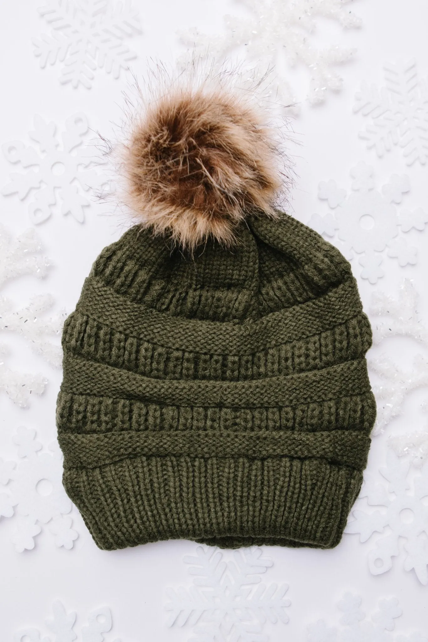 Faux Fur Pom Pom Beanie In Olive