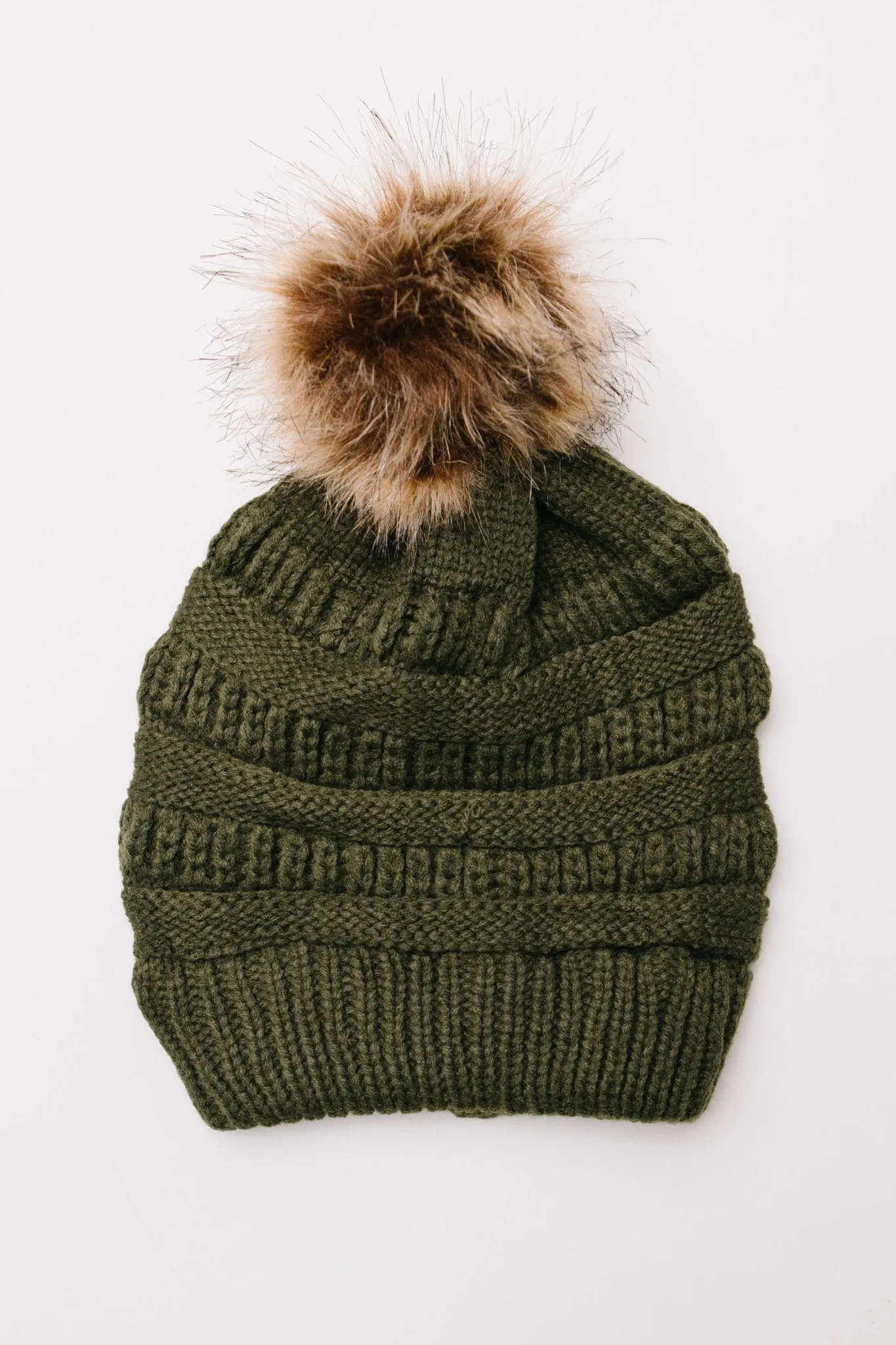 Faux Fur Pom Pom Beanie In Olive