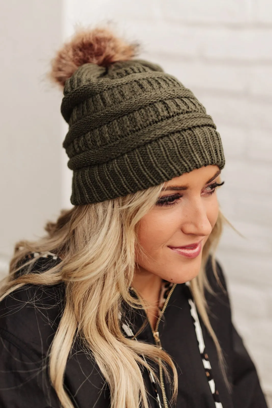 Faux Fur Pom Pom Beanie In Olive