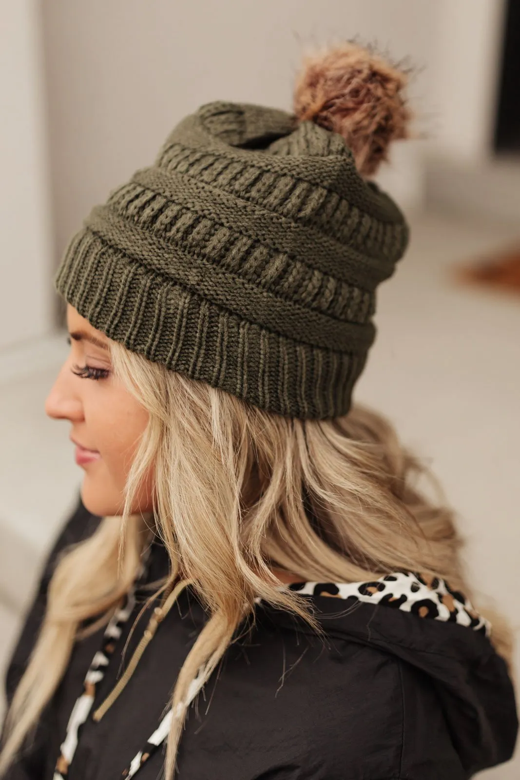 Faux Fur Pom Pom Beanie In Olive